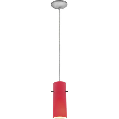 Cylinder 1 Light Brushed Steel Pendant Ceiling Light in Red, Cord