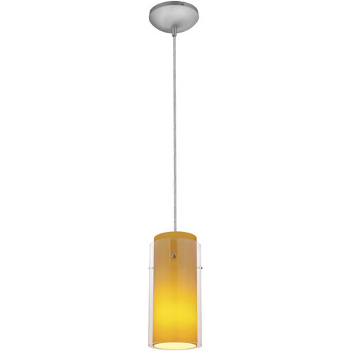 Glassn Glass Cylinder 1 Light 5 inch Brushed Steel Pendant Ceiling Light in Clear Outer Amber Inner, Cord