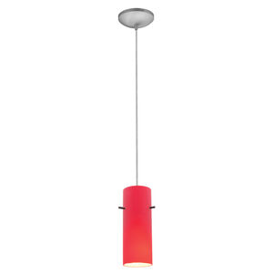 Cylinder 1 Light Brushed Steel Pendant Ceiling Light in Red, Cord