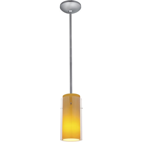 Glassn Glass Cylinder 1 Light 5 inch Brushed Steel Pendant Ceiling Light in Clear Outer Amber Inner, Rod