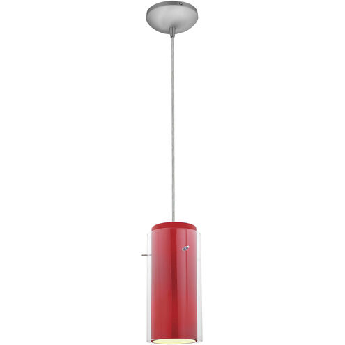 Glassn Glass Cylinder LED 5 inch Brushed Steel Pendant Ceiling Light in Clear and Red