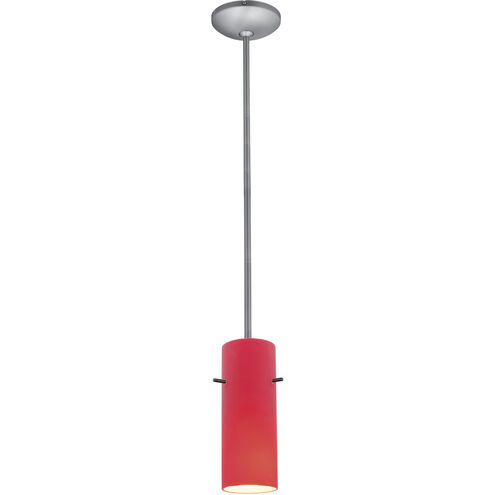 Cylinder 1 Light Brushed Steel Pendant Ceiling Light in Red, Rod